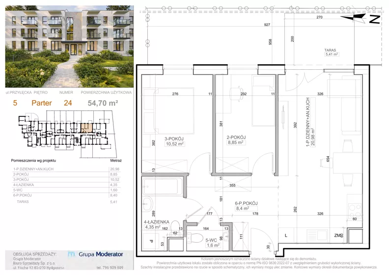 3 pokoje, mieszkanie 54,70 m², parter, oferta nr 5 - 24, Avia III, Bydgoszcz, Bielice, ul. Przyłęcka 3