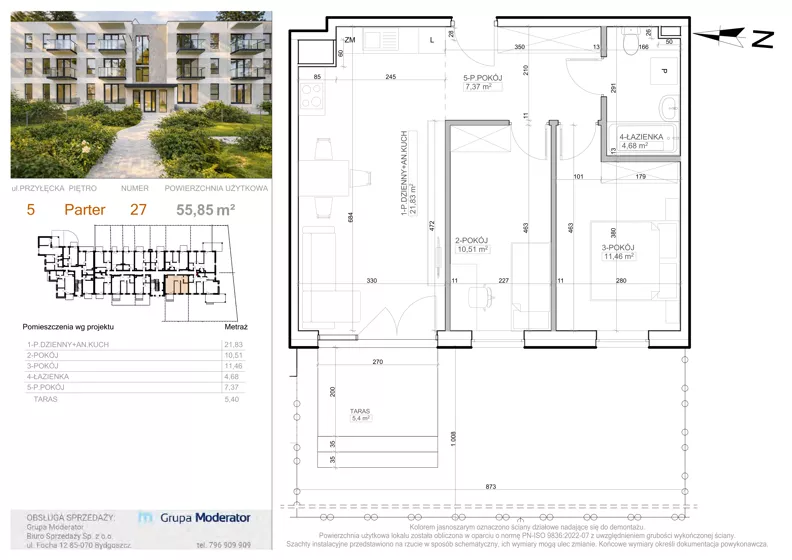 3 pokoje, mieszkanie 55,85 m², parter, oferta nr 5 - 27, Avia III, Bydgoszcz, Bielice, ul. Przyłęcka 3