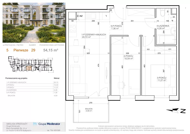 3 pokoje, mieszkanie 54,15 m², piętro 1, oferta nr 5 - 29, Avia III, Bydgoszcz, Bielice, ul. Przyłęcka 3