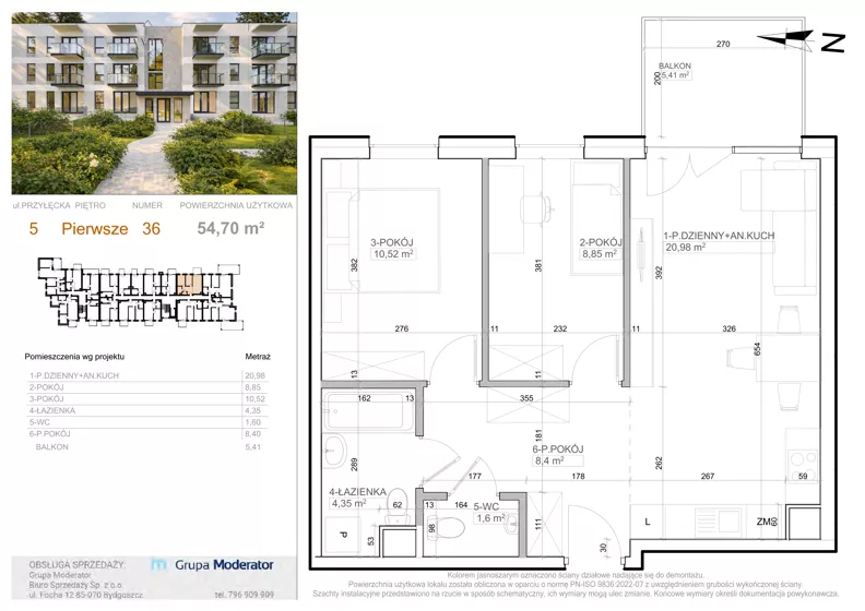 3 pokoje, mieszkanie 54,70 m², piętro 1, oferta nr 5 - 36, Avia III, Bydgoszcz, Bielice, ul. Przyłęcka 3