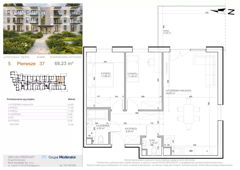 3 pokoje, mieszkanie 68,32 m², piętro 1, oferta nr 5 - 37, Avia III, Bydgoszcz, Bielice, ul. Przyłęcka 3