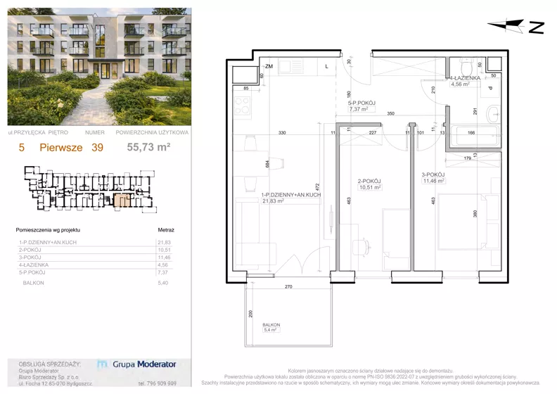 3 pokoje, mieszkanie 55,73 m², piętro 1, oferta nr 5 - 39, Avia III, Bydgoszcz, Bielice, ul. Przyłęcka 3