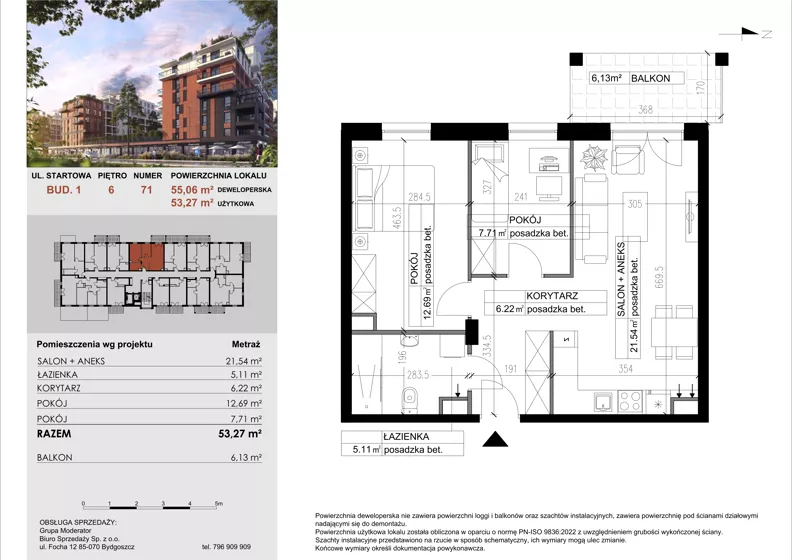 3 pokoje, mieszkanie 53,27 m², piętro 6, oferta nr 71, M|City, Bydgoszcz, Bydgoszcz Wschód, ul. Startowa 9