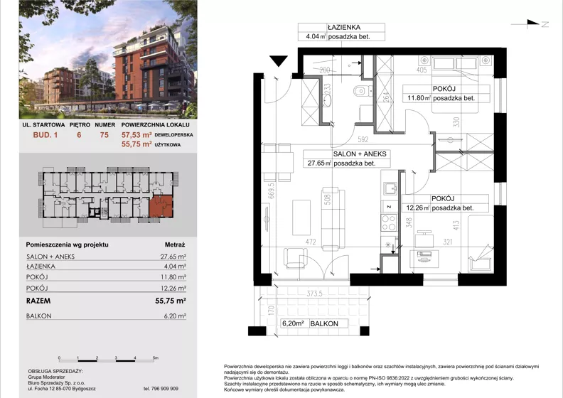 3 pokoje, mieszkanie 55,75 m², piętro 6, oferta nr 75, M|City, Bydgoszcz, Bydgoszcz Wschód, ul. Startowa 9