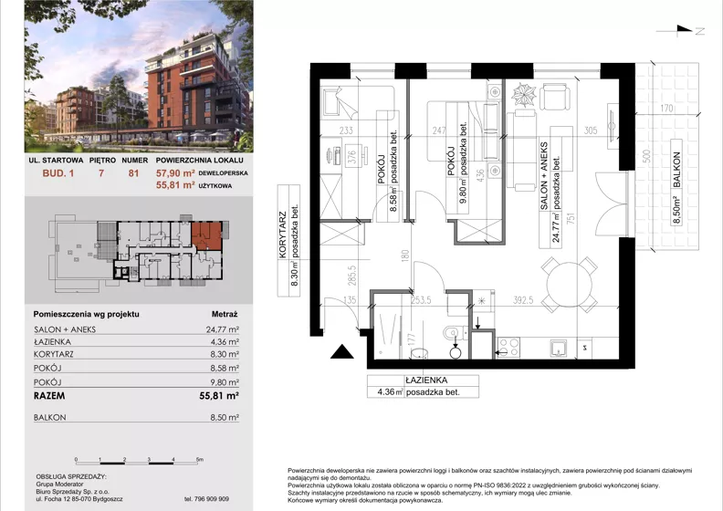 3 pokoje, mieszkanie 55,81 m², piętro 7, oferta nr 81, M|City, Bydgoszcz, Bydgoszcz Wschód, ul. Startowa 9
