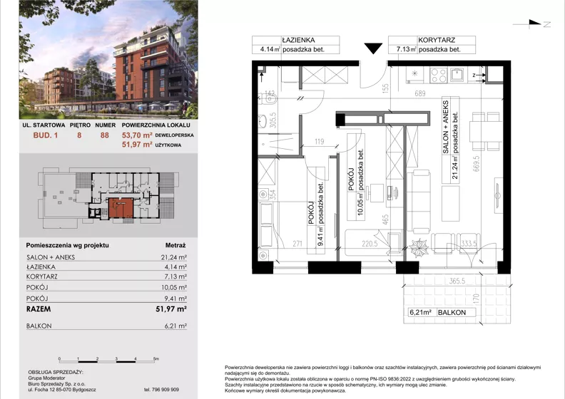 3 pokoje, mieszkanie 51,97 m², piętro 8, oferta nr 88, M|City, Bydgoszcz, Bydgoszcz Wschód, ul. Startowa 9