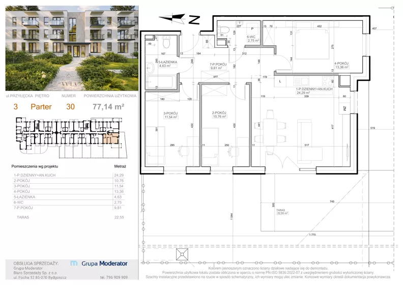 4 pokoje, mieszkanie 77,14 m², parter, oferta nr 3 - 30, Avia III, Bydgoszcz, Bielice, ul. Przyłęcka 3