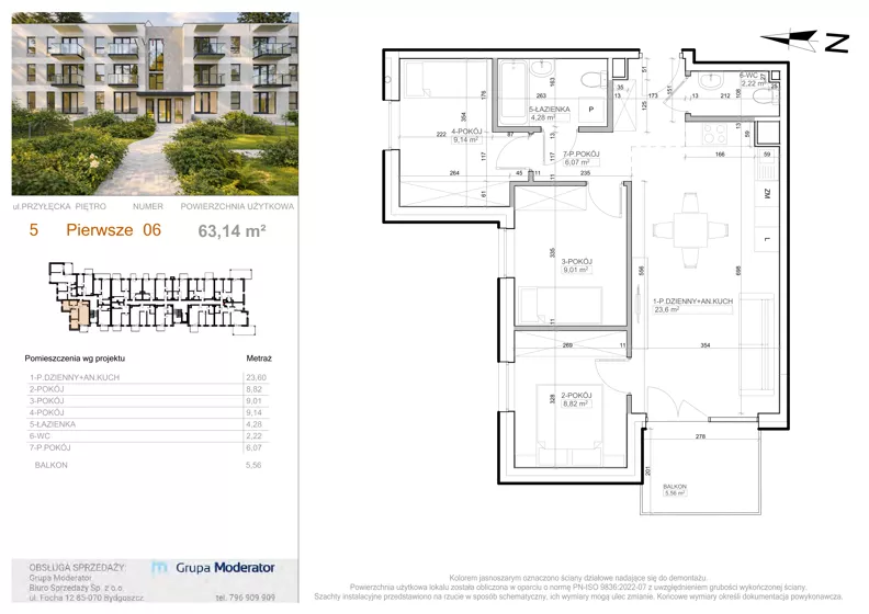 4 pokoje, mieszkanie 63,14 m², piętro 1, oferta nr 5 - 6, Avia III, Bydgoszcz, Bielice, ul. Przyłęcka 3