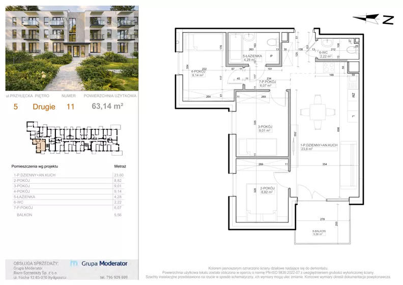 4 pokoje, mieszkanie 63,14 m², piętro 2, oferta nr 5 - 11, Avia III, Bydgoszcz, Bielice, ul. Przyłęcka 3