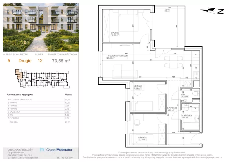 4 pokoje, mieszkanie 73,55 m², piętro 2, oferta nr 5 - 12, Avia III, Bydgoszcz, Bielice, ul. Przyłęcka 3