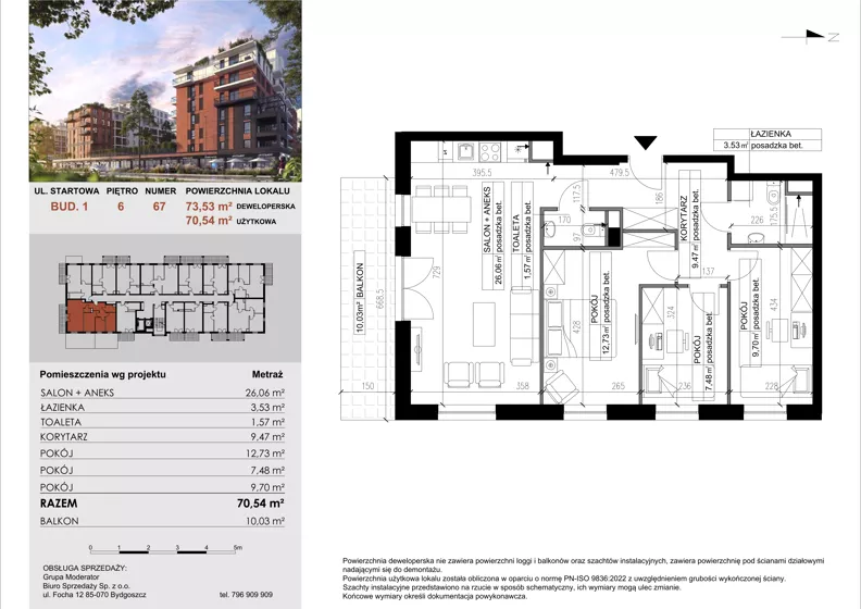 4 pokoje, mieszkanie 70,54 m², piętro 6, oferta nr 67, M|City, Bydgoszcz, Bydgoszcz Wschód, ul. Startowa 9