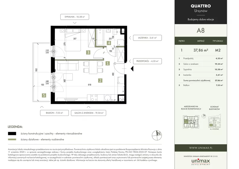 2 pokoje, mieszkanie 37,86 m², piętro 1, oferta nr A8, QUATTRO Ursynów, Warszawa, Ursynów, ul. Wyczółki 54
