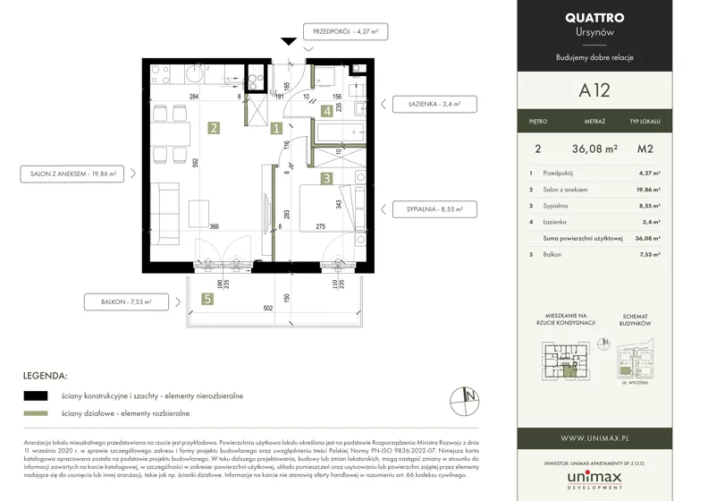 2 pokoje, mieszkanie 36,08 m², piętro 2, oferta nr A12, QUATTRO Ursynów, Warszawa, Ursynów, ul. Wyczółki 54