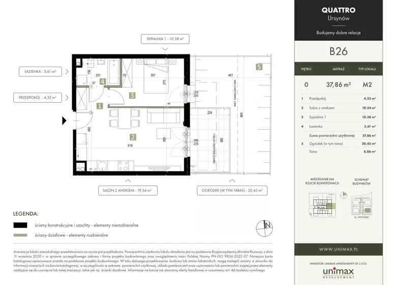 2 pokoje, mieszkanie 37,86 m², parter, oferta nr B26, QUATTRO Ursynów, Warszawa, Ursynów, ul. Wyczółki 54