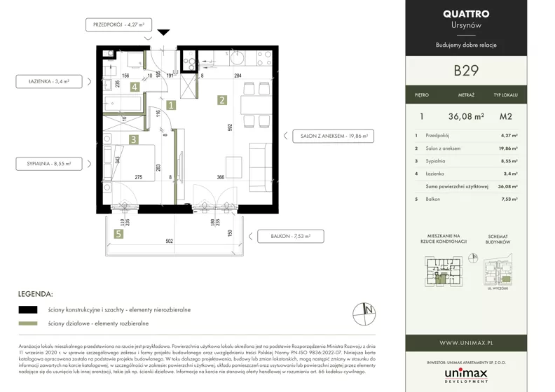 2 pokoje, mieszkanie 36,08 m², piętro 1, oferta nr B29, QUATTRO Ursynów, Warszawa, Ursynów, ul. Wyczółki 54