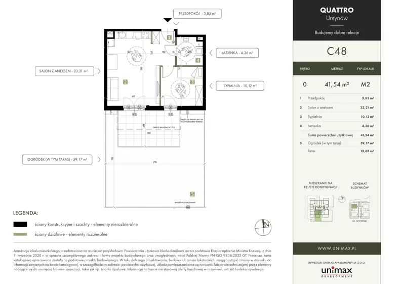 2 pokoje, mieszkanie 41,54 m², parter, oferta nr C48, QUATTRO Ursynów, Warszawa, Ursynów, ul. Wyczółki 54