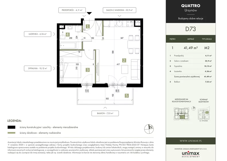 2 pokoje, mieszkanie 41,49 m², piętro 1, oferta nr D73, QUATTRO Ursynów, Warszawa, Ursynów, ul. Wyczółki 54