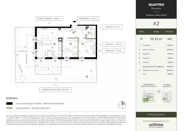 3 pokoje, mieszkanie 59,22 m², parter, oferta nr A2, QUATTRO Ursynów, Warszawa, Ursynów, ul. Wyczółki 54