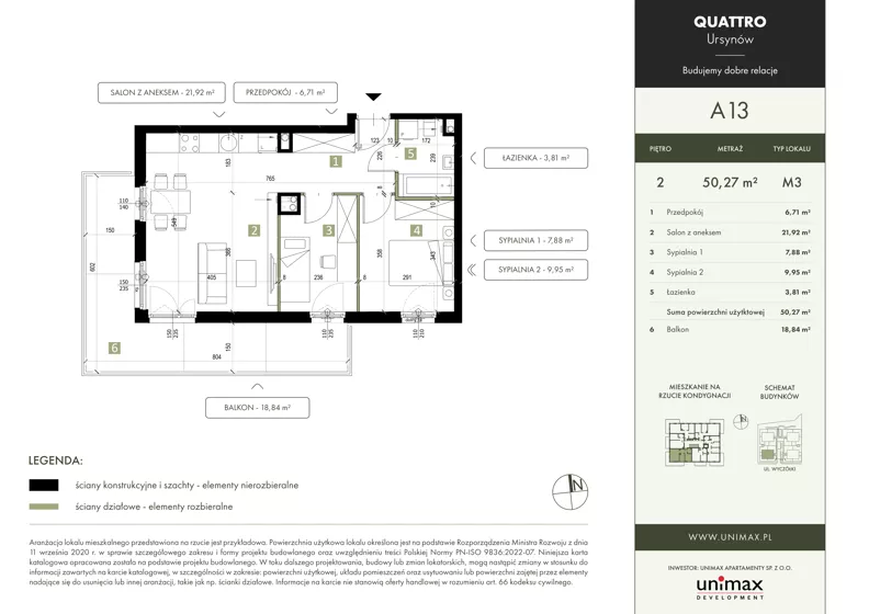 3 pokoje, mieszkanie 50,27 m², piętro 2, oferta nr A13, QUATTRO Ursynów, Warszawa, Ursynów, ul. Wyczółki 54