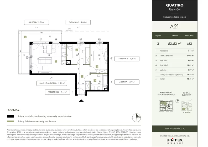 3 pokoje, mieszkanie 53,53 m², piętro 3, oferta nr A21, QUATTRO Ursynów, Warszawa, Ursynów, ul. Wyczółki 54