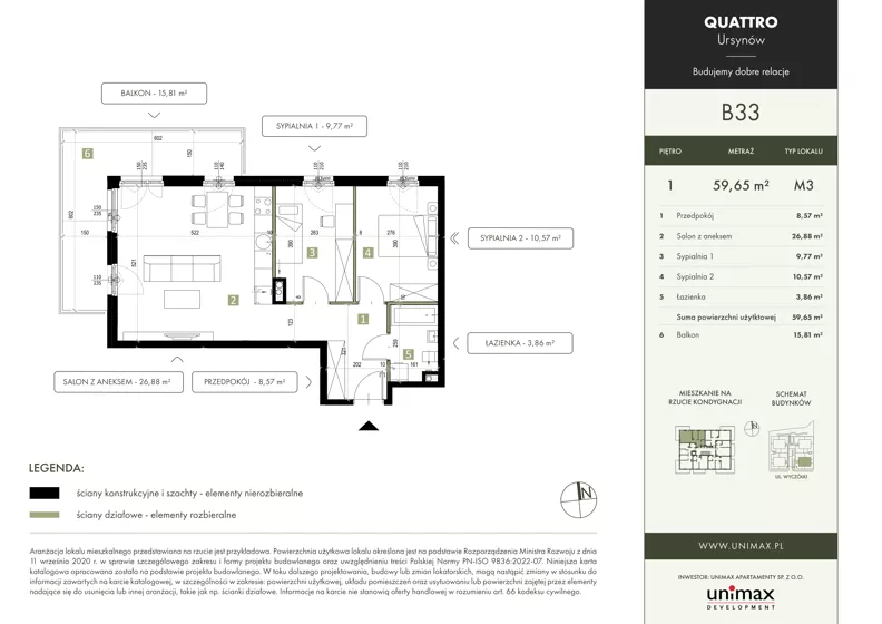 3 pokoje, mieszkanie 59,65 m², piętro 1, oferta nr B33, QUATTRO Ursynów, Warszawa, Ursynów, ul. Wyczółki 54