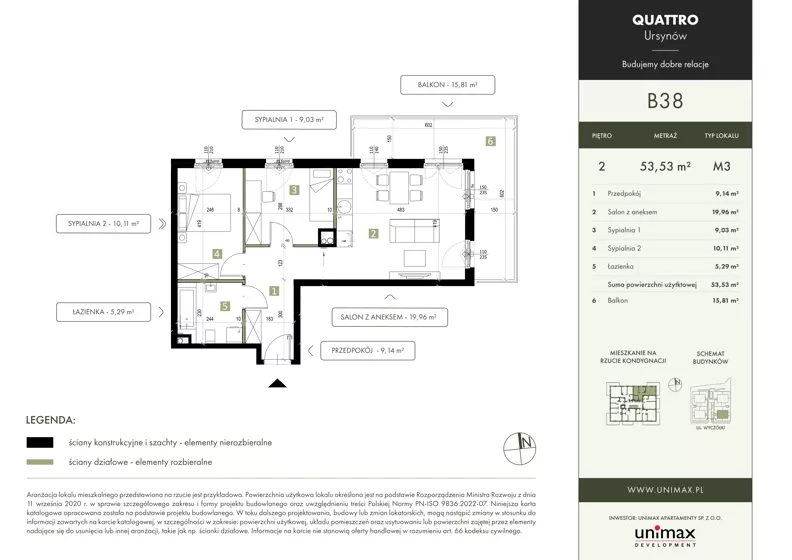 3 pokoje, mieszkanie 53,53 m², piętro 2, oferta nr B38, QUATTRO Ursynów, Warszawa, Ursynów, ul. Wyczółki 54