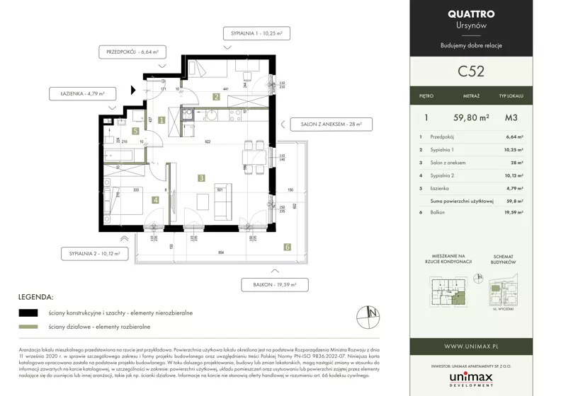 3 pokoje, mieszkanie 59,80 m², piętro 1, oferta nr C52, QUATTRO Ursynów, Warszawa, Ursynów, ul. Wyczółki 54