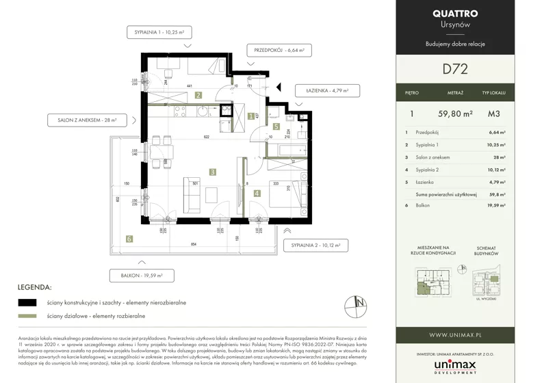 3 pokoje, mieszkanie 59,80 m², piętro 1, oferta nr D72, QUATTRO Ursynów, Warszawa, Ursynów, ul. Wyczółki 54