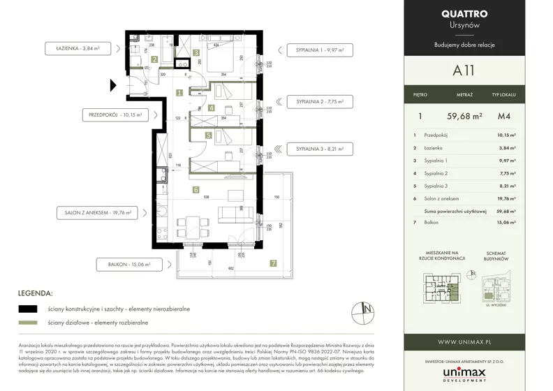 4 pokoje, mieszkanie 59,68 m², piętro 2, oferta nr A11, QUATTRO Ursynów, Warszawa, Ursynów, ul. Wyczółki 54