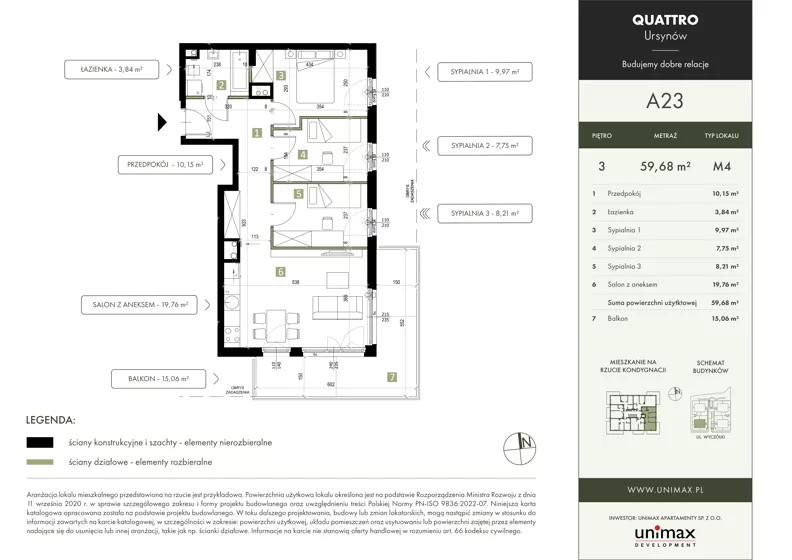 4 pokoje, mieszkanie 59,68 m², piętro 3, oferta nr A23, QUATTRO Ursynów, Warszawa, Ursynów, ul. Wyczółki 54