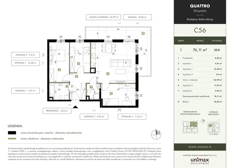 4 pokoje, mieszkanie 76,11 m², piętro 1, oferta nr C56, QUATTRO Ursynów, Warszawa, Ursynów, ul. Wyczółki 54