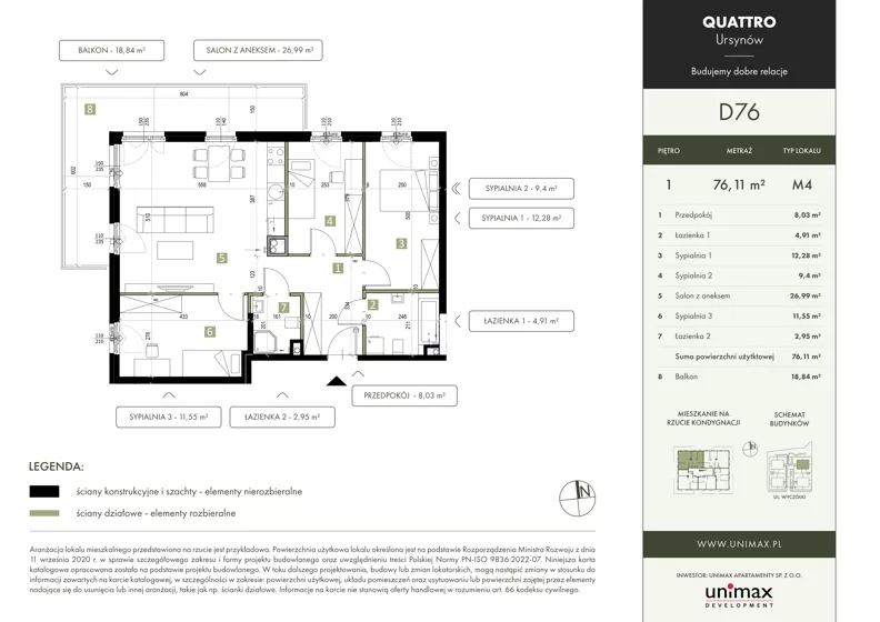 4 pokoje, mieszkanie 76,11 m², piętro 1, oferta nr D76, QUATTRO Ursynów, Warszawa, Ursynów, ul. Wyczółki 54
