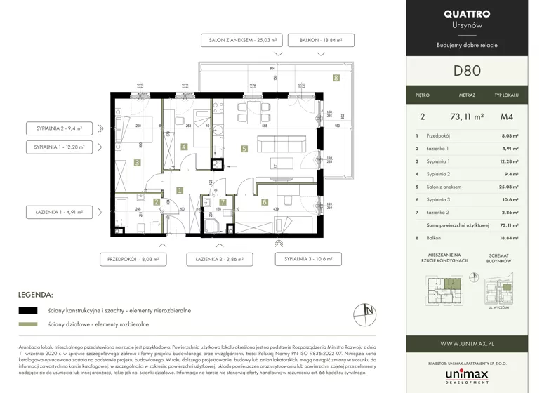 4 pokoje, mieszkanie 73,11 m², piętro 2, oferta nr D80, QUATTRO Ursynów, Warszawa, Ursynów, ul. Wyczółki 54