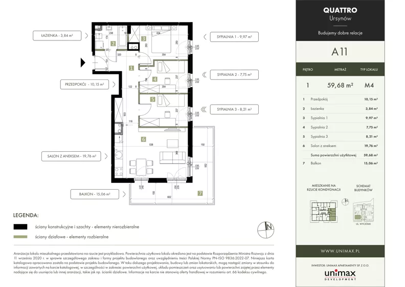 4 pokoje, mieszkanie 59,68 m², piętro 2, oferta nr A11, QUATTRO Ursynów, Warszawa, Ursynów, Wyczółki, ul. Wyczółki 54, 56