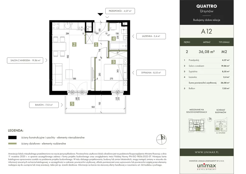 2 pokoje, mieszkanie 36,08 m², piętro 2, oferta nr A12, QUATTRO Ursynów, Warszawa, Ursynów, Wyczółki, ul. Wyczółki 54, 56