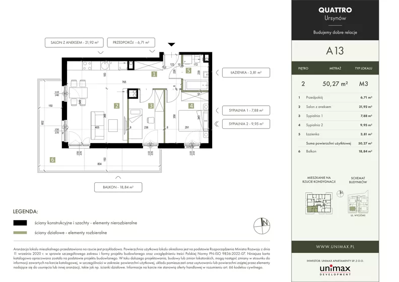 3 pokoje, mieszkanie 50,27 m², piętro 2, oferta nr A13, QUATTRO Ursynów, Warszawa, Ursynów, Wyczółki, ul. Wyczółki 54, 56