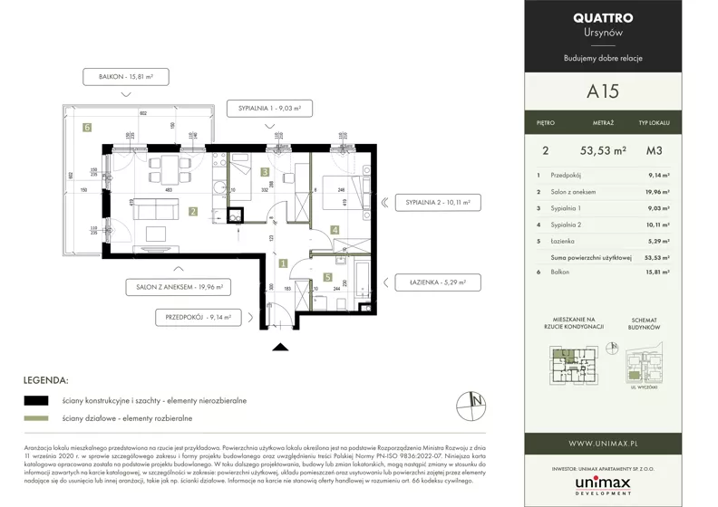 3 pokoje, mieszkanie 53,53 m², piętro 2, oferta nr A15, QUATTRO Ursynów, Warszawa, Ursynów, Wyczółki, ul. Wyczółki 54, 56