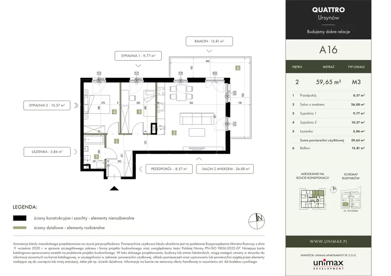 3 pokoje, mieszkanie 59,65 m², piętro 2, oferta nr A16, QUATTRO Ursynów, Warszawa, Ursynów, Wyczółki, ul. Wyczółki 54, 56