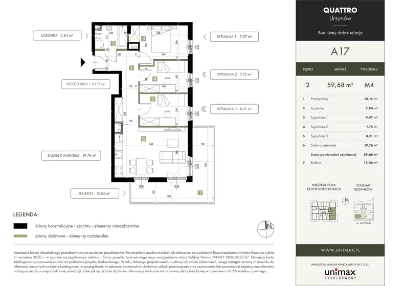 4 pokoje, mieszkanie 59,68 m², piętro 2, oferta nr A17, QUATTRO Ursynów, Warszawa, Ursynów, Wyczółki, ul. Wyczółki 54, 56