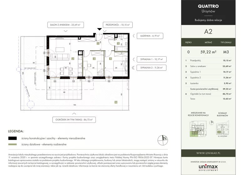 3 pokoje, mieszkanie 59,22 m², parter, oferta nr A2, QUATTRO Ursynów, Warszawa, Ursynów, Wyczółki, ul. Wyczółki 54, 56