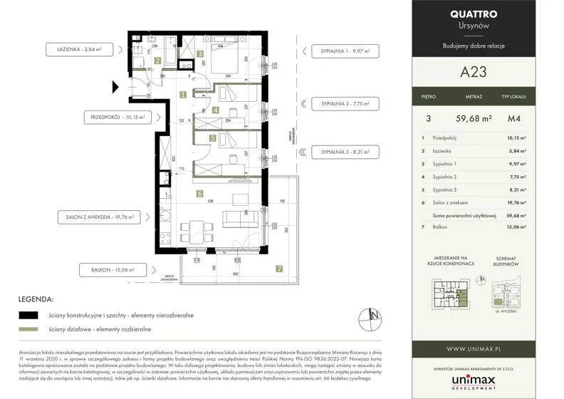 4 pokoje, mieszkanie 59,68 m², piętro 3, oferta nr A23, QUATTRO Ursynów, Warszawa, Ursynów, Wyczółki, ul. Wyczółki 54, 56