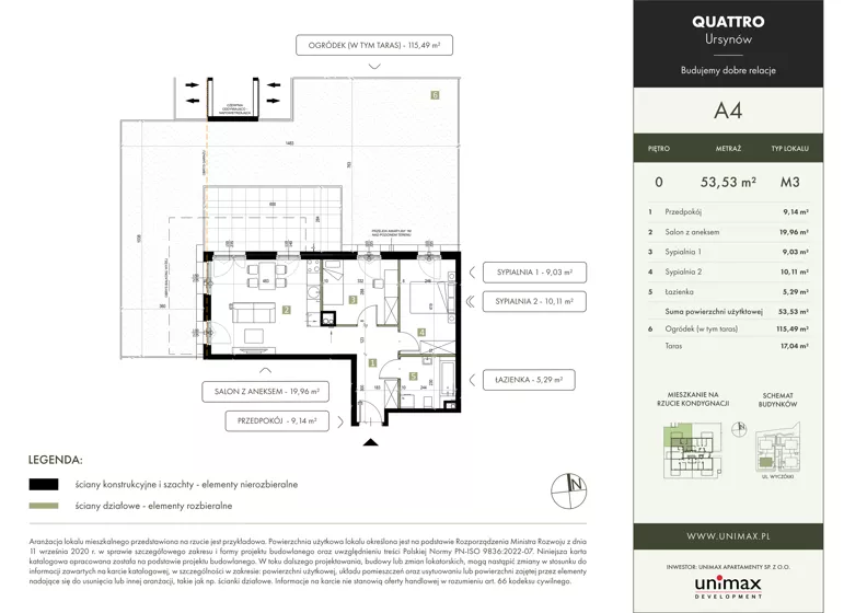 3 pokoje, mieszkanie 53,53 m², parter, oferta nr A4, QUATTRO Ursynów, Warszawa, Ursynów, Wyczółki, ul. Wyczółki 54, 56