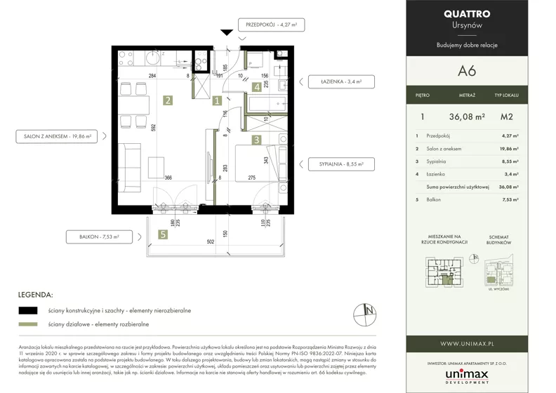 2 pokoje, mieszkanie 36,08 m², piętro 1, oferta nr A6, QUATTRO Ursynów, Warszawa, Ursynów, Wyczółki, ul. Wyczółki 54, 56