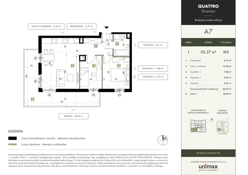 3 pokoje, mieszkanie 50,27 m², piętro 1, oferta nr A7, QUATTRO Ursynów, Warszawa, Ursynów, Wyczółki, ul. Wyczółki 54, 56