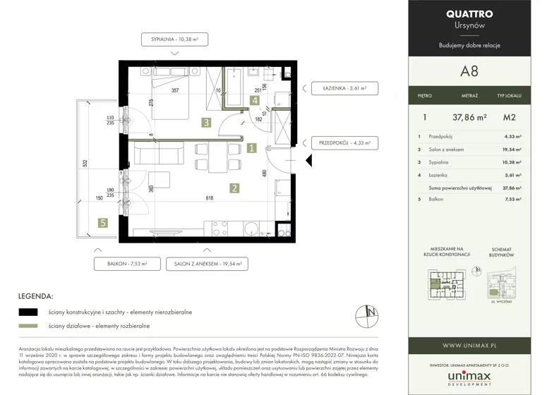 2 pokoje, mieszkanie 37,86 m², piętro 1, oferta nr A8, QUATTRO Ursynów, Warszawa, Ursynów, Wyczółki, ul. Wyczółki 54, 56