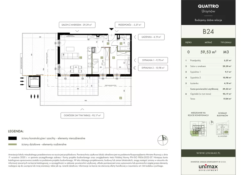 3 pokoje, mieszkanie 59,53 m², parter, oferta nr B24, QUATTRO Ursynów, Warszawa, Ursynów, Wyczółki, ul. Wyczółki 54, 56