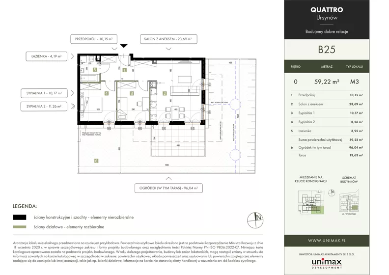 3 pokoje, mieszkanie 59,22 m², parter, oferta nr B25, QUATTRO Ursynów, Warszawa, Ursynów, Wyczółki, ul. Wyczółki 54, 56