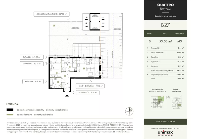 3 pokoje, mieszkanie 53,53 m², parter, oferta nr B27, QUATTRO Ursynów, Warszawa, Ursynów, Wyczółki, ul. Wyczółki 54, 56