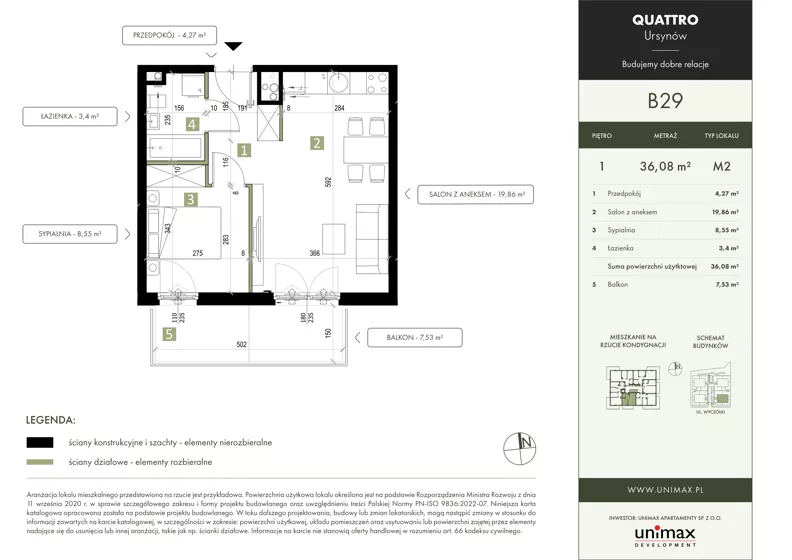 2 pokoje, mieszkanie 36,08 m², piętro 1, oferta nr B29, QUATTRO Ursynów, Warszawa, Ursynów, Wyczółki, ul. Wyczółki 54, 56