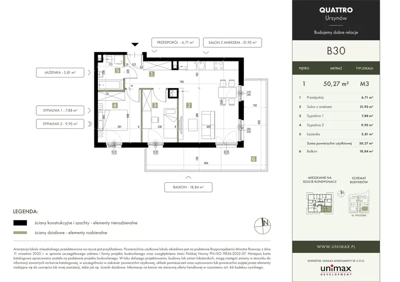 3 pokoje, mieszkanie 50,27 m², piętro 1, oferta nr B30, QUATTRO Ursynów, Warszawa, Ursynów, Wyczółki, ul. Wyczółki 54, 56